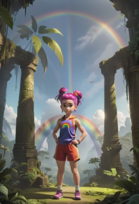 1girl,solo,looking at viewer,smile,short hair,shirt,hair ornament,bare shoulders,brown eyes,jewelry,standing,full body,pink hair,earrings,outdoors,sky,shoes,shorts,sleeveless,day,socks,cloud,hair bun,black eyes,bracelet,tree,blue sky,bare arms,sleeveless shirt,double bun,bird,sunlight,cloudy sky,tank top,blue shirt,plant,wristband,sneakers,hands on hips,palm tree,pink footwear,red shorts,rainbow,pillar,lips,leaf,grass,hair bobbles,short twintails,white socks,red footwear,pink shorts,ladybug