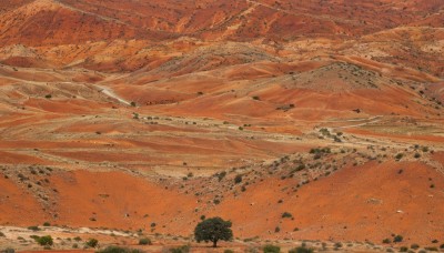 outdoors,sky,cloud,water,tree,no humans,traditional media,nature,scenery,rock,mountain,sand,landscape,orange sky,orange theme,desert,forest,orange background