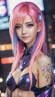 1girl,solo,long hair,breasts,looking at viewer,smile,bangs,blue eyes,hair ornament,cleavage,bare shoulders,jewelry,medium breasts,closed mouth,underwear,swimsuit,upper body,pink hair,bikini,multicolored hair,earrings,bra,blurry,two-tone hair,lips,eyelashes,tattoo,makeup,blurry background,piercing,realistic,nose,arm tattoo,bikini armor,mascara,cyberpunk,armor,eyeshadow