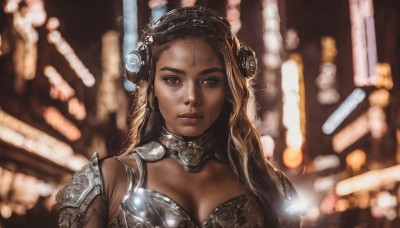 1girl,solo,long hair,breasts,looking at viewer,blonde hair,large breasts,brown hair,cleavage,brown eyes,medium breasts,upper body,dark skin,armor,mole,blurry,dark-skinned female,lips,depth of field,blurry background,shoulder armor,realistic,nose,gorget,hair ornament,portrait,mole on breast