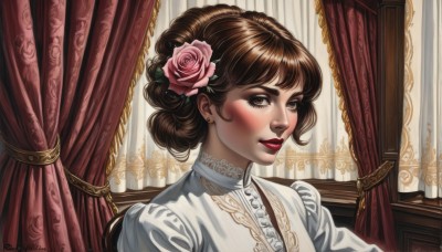 1girl,solo,looking at viewer,blush,smile,short hair,bangs,brown hair,shirt,hair ornament,dress,brown eyes,jewelry,white shirt,upper body,flower,earrings,choker,artist name,indoors,signature,hair flower,hair bun,lips,window,makeup,rose,lipstick,curtains,lace,pink flower,red lips,stud earrings,pink rose,long hair,parted lips,portrait,lace trim,realistic,nose