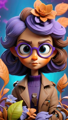 1girl,solo,looking at viewer,short hair,blue eyes,brown hair,hair ornament,gloves,closed mouth,jacket,upper body,purple hair,flower,multicolored hair,glasses,artist name,hair flower,dark skin,sweater,dark-skinned female,lips,coat,eyelashes,makeup,turtleneck,leaf,thick eyebrows,lipstick,eyeshadow,ribbed sweater,freckles,brown jacket,round eyewear,purple flower,purple-framed eyewear,open clothes,watermark,child,key