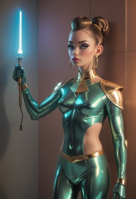 1girl,solo,breasts,looking at viewer,blush,short hair,blue eyes,brown hair,gloves,holding,jewelry,medium breasts,standing,weapon,earrings,small breasts,shiny,sword,hair bun,holding weapon,covered nipples,lips,bodysuit,covered navel,makeup,glowing,single hair bun,lipstick,skin tight,shiny clothes,hoop earrings,black bodysuit,latex,glowing weapon,energy sword,latex bodysuit,lightsaber,brown eyes,dark skin,dark-skinned female,cameltoe,science fiction,realistic