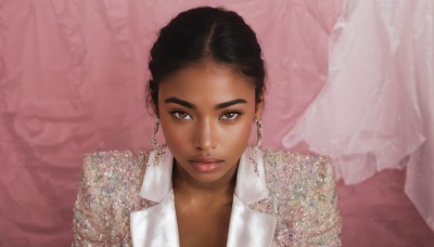 1girl,solo,looking at viewer,short hair,shirt,black hair,brown eyes,jewelry,jacket,upper body,earrings,dark skin,dark-skinned female,lips,eyelashes,makeup,lipstick,realistic,nose,very dark skin,tongue,tongue out,chain,formal,pink background,suit,portrait,hoop earrings