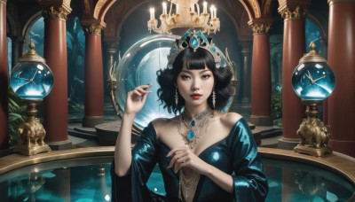 1girl,solo,breasts,looking at viewer,short hair,bangs,black hair,long sleeves,dress,cleavage,bare shoulders,jewelry,medium breasts,upper body,earrings,parted lips,indoors,wide sleeves,blunt bangs,water,necklace,off shoulder,nail polish,black eyes,lips,fingernails,makeup,blue dress,tiara,crown,lipstick,gem,pendant,reflection,mirror,fantasy,off-shoulder dress,red lips,candle,hair ornament,brown eyes,mole,hands up,plant,long fingernails,realistic,pillar,blue gemstone