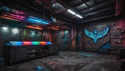 wings,indoors,no humans,window,chair,scenery,science fiction,glowing,bird,stairs,tiles,cable,ruins,industrial pipe