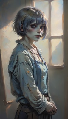 1girl,solo,breasts,looking at viewer,blush,short hair,bangs,blue eyes,skirt,shirt,long sleeves,jewelry,standing,jacket,grey hair,cowboy shot,hairband,parted lips,artist name,indoors,necklace,from side,lips,window,sunlight,own hands together,blue shirt,backlighting,realistic,nose,black hair,dress,upper body,small breasts,blue dress,ring