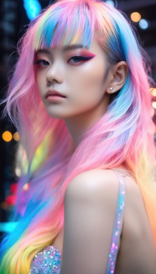 1girl,solo,long hair,breasts,looking at viewer,bangs,blue eyes,blonde hair,bare shoulders,jewelry,closed mouth,underwear,blue hair,upper body,pink hair,multicolored hair,earrings,horns,artist name,blunt bangs,bra,blurry,two-tone hair,lips,eyelashes,gradient hair,makeup,blurry background,piercing,eyeshadow,realistic,nose,stud earrings,eyeliner,blue bra,mascara,rainbow hair,from side,streaked hair,looking to the side,depth of field,watermark,lipstick,web address,bokeh