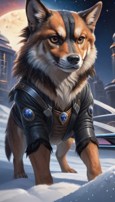 solo,brown eyes,jewelry,standing,jacket,outdoors,open clothes,sky,open jacket,black jacket,no humans,night,animal,moon,brooch,gem,star (sky),night sky,snow,full moon,starry sky,dog,snowing,leather,animal focus,wolf,looking at viewer,watermark,building,realistic