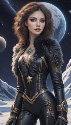 1girl,solo,long hair,breasts,looking at viewer,brown hair,gloves,cleavage,brown eyes,jewelry,medium breasts,standing,cowboy shot,earrings,parted lips,sky,black gloves,artist name,lips,fur trim,bodysuit,makeup,night,watermark,moon,lipstick,gem,star (sky),night sky,full moon,eyeshadow,starry sky,curly hair,nose,arms at sides,black bodysuit,red lips,planet,necklace,wavy hair,realistic,earth (planet)