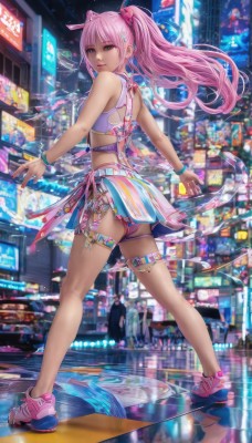 1girl,solo,long hair,looking at viewer,smile,bangs,blue eyes,skirt,hair ornament,bow,bare shoulders,twintails,jewelry,underwear,standing,panties,full body,pink hair,ass,hair bow,shoes,midriff,belt,looking back,miniskirt,from behind,bracelet,lips,crop top,legs,thigh strap,sneakers,reflection,city,pink footwear,breasts,ponytail,earrings,outdoors,nail polish,bare legs,night,floating hair,piercing,ear piercing,pink skirt,sports bra,neon lights