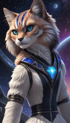 solo,looking at viewer,smile,blue eyes,1boy,animal ears,jewelry,closed mouth,upper body,male focus,sky,artist name,signature,vest,animal ear fluff,no humans,night,watermark,moon,cat,gem,star (sky),night sky,furry,armlet,starry sky,colored sclera,space,furry male,body fur,white fur,planet,animal nose,whiskers,blue gemstone,black fur,fluffy,blue sclera,tail,teeth,belt,cat ears,grin,aqua eyes,slit pupils,crystal,earth (planet)