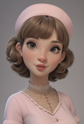 1girl,solo,breasts,looking at viewer,smile,short hair,bangs,simple background,brown hair,shirt,hat,dress,brown eyes,jewelry,upper body,short sleeves,earrings,parted lips,teeth,grey background,lips,eyelashes,buttons,portrait,pink dress,freckles,curly hair,pink shirt,realistic,nurse cap,nurse,pink headwear,open mouth,gradient background,makeup,blouse,lace,nose