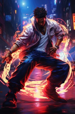 solo,looking at viewer,shirt,black hair,1boy,jewelry,standing,jacket,full body,white shirt,male focus,boots,outdoors,open clothes,shoes,belt,pants,dark skin,necklace,bracelet,open jacket,tattoo,night,facial hair,dark-skinned male,fire,denim,building,beard,jeans,city,blue pants,dreadlocks,headband,ring,tank top,afro