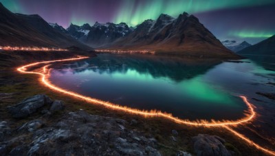 outdoors,sky,water,no humans,night,glowing,star (sky),nature,night sky,scenery,starry sky,reflection,rock,mountain,fantasy,river,landscape,lake,aurora,grass,mountainous horizon