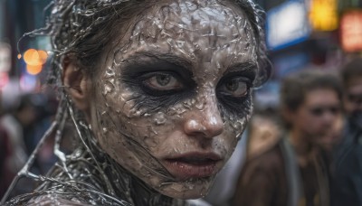 1girl,brown eyes,parted lips,multiple boys,teeth,solo focus,water,blurry,lips,wet,depth of field,blurry background,portrait,science fiction,realistic,nose,looking at viewer,black hair,1boy,male focus,outdoors,grey eyes