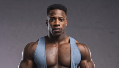 solo,looking at viewer,smile,short hair,black hair,1boy,brown eyes,closed mouth,upper body,male focus,dark skin,grey background,mole,black eyes,muscular,facial hair,dark-skinned male,tank top,pectorals,muscular male,bara,realistic,mustache,manly,pectoral cleavage,open clothes,vest,beard,large pectorals,undercut,chest hair,open vest