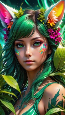 1girl,solo,long hair,breasts,looking at viewer,bangs,large breasts,hair ornament,animal ears,cleavage,bare shoulders,medium breasts,closed mouth,green eyes,collarbone,upper body,flower,green hair,shiny,artist name,cat ears,hair flower,lips,animal ear fluff,fox ears,eyelashes,makeup,swept bangs,leaf,watermark,facial mark,plant,lipstick,portrait,eyeshadow,freckles,pink lips,nose,eyeliner,whisker markings,facepaint,mascara,dress,jewelry,sleeveless,necklace,light particles,yellow flower,purple flower,vines,bodypaint