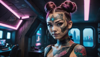 1girl,solo,looking at viewer,short hair,blue eyes,brown hair,jewelry,upper body,earrings,alternate costume,choker,dark skin,hair bun,dark-skinned female,lips,double bun,tattoo,makeup,facial mark,piercing,tank top,portrait,eyeshadow,science fiction,hoop earrings,nose,eyeliner,arm tattoo,shoulder tattoo,facial tattoo,cyberpunk,neck tattoo,neon lights,breasts,cleavage,medium breasts,collarbone,blurry,eyelashes,realistic,hair behind ear