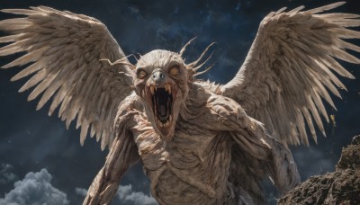 solo,open mouth,yellow eyes,outdoors,wings,sky,teeth,cloud,no humans,night,fangs,sharp teeth,star (sky),night sky,feathered wings,1other,monster,wide-eyed,extra eyes,horror (theme),looking at viewer,upper body,cloudy sky,starry sky,giant,spread wings