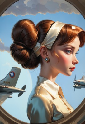 1girl,solo,blue eyes,brown hair,jewelry,upper body,hairband,earrings,sky,day,cloud,hair bun,from side,blue sky,lips,military,eyelashes,double bun,profile,makeup,single hair bun,lipstick,portrait,freckles,realistic,aircraft,nose,red lips,airplane,jet,cockpit,fighter jet,pilot,short hair,bangs,shirt,parted lips,collared shirt,artist name,signature,looking away,cloudy sky,military vehicle,vehicle focus,roundel