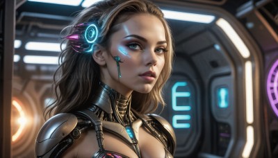 HQ,1girl,solo,long hair,breasts,looking at viewer,blue eyes,brown hair,cleavage,green eyes,upper body,parted lips,mole,blurry,lips,makeup,glowing,headgear,portrait,forehead,eyeshadow,science fiction,realistic,nose,android,eyeliner,cyborg,cyberpunk,black hair,medium breasts,aqua eyes,eyelashes,bodysuit,facial mark,lipstick,close-up,hair pulled back,mascara,hologram