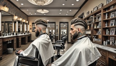 short hair,brown hair,black hair,gloves,jewelry,sitting,male focus,earrings,multiple boys,indoors,2boys,hair bun,cup,profile,capelet,facial hair,chair,single hair bun,bottle,beard,science fiction,robe,mustache,lamp,stool,shelf,jar,bar (place),earpiece,ceiling light,closed eyes,dark skin,hair behind ear,undercut,white capelet