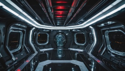 solo,red eyes,no humans,glowing,robot,mecha,close-up,machinery,science fiction,realistic,cable,space,spacecraft,lights,cockpit,scenery,screen,machine