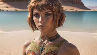 1girl,solo,looking at viewer,short hair,bangs,brown hair,hair ornament,bare shoulders,brown eyes,jewelry,upper body,earrings,outdoors,parted lips,day,artist name,necklace,blurry,lips,blurry background,ocean,beach,gem,portrait,freckles,circlet,realistic,nose,sand,desert,sky,water