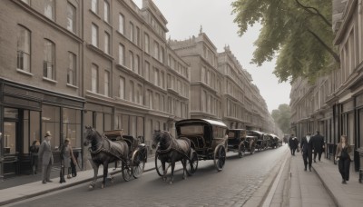 outdoors,multiple boys,day,tree,window,animal,formal,suit,ground vehicle,building,scenery,motor vehicle,6+boys,city,car,road,riding,house,vehicle focus,horse,street,pavement,multiple girls,sky,faceless,lamppost,crowd,town,people,vanishing point