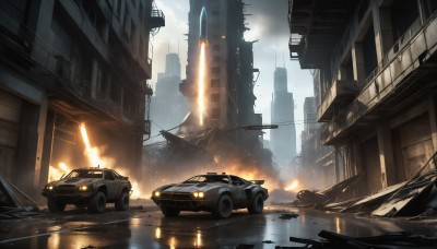 HQ,outdoors,sky,day,cloud,water,no humans,cloudy sky,fire,ground vehicle,building,scenery,motor vehicle,smoke,reflection,rain,city,aircraft,car,road,explosion,ruins,vehicle focus,lamppost,street,firing,skyscraper,debris,destruction,sports car,science fiction,puddle