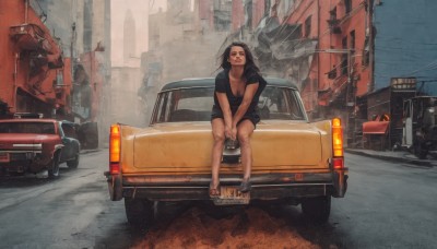 1girl,solo,long hair,breasts,looking at viewer,shirt,black hair,dress,cleavage,medium breasts,sitting,outdoors,shoes,glasses,sandals,ground vehicle,building,scenery,motor vehicle,v arms,city,realistic,car,road,vehicle focus,street,smile,closed mouth,collarbone,short sleeves,sky,shorts,day,lips,black shirt,bare legs,denim,t-shirt,between legs,hand between legs,sign,wide shot,power lines,lamppost,utility pole,on vehicle