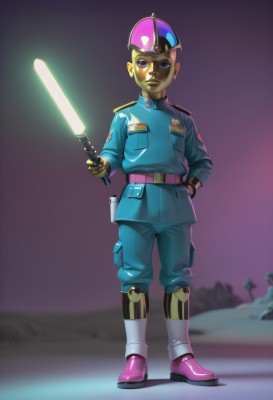 solo,looking at viewer,1boy,hat,holding,standing,purple eyes,full body,weapon,male focus,boots,belt,sword,uniform,hand on hip,military,military uniform,helmet,blue jacket,hand in pocket,energy sword,lightsaber,blue eyes,gloves,closed mouth,jacket,pants,holding weapon,black eyes,holding sword,science fiction,realistic