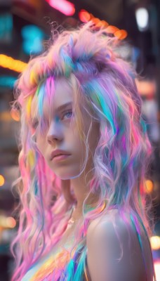 1girl,solo,long hair,breasts,looking at viewer,blue eyes,hair ornament,bare shoulders,closed mouth,purple eyes,upper body,pink hair,purple hair,multicolored hair,artist name,signature,hair over one eye,blurry,from side,lips,depth of field,blurry background,realistic,nose,blonde hair,hair between eyes,jewelry,blue hair,necklace,streaked hair,feathers,portrait,colorful,neon lights