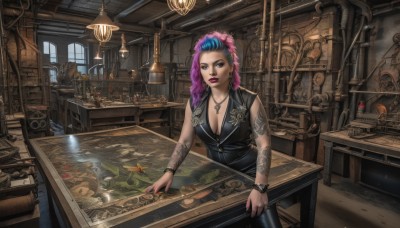 1girl,solo,long hair,breasts,looking at viewer,blue eyes,large breasts,cleavage,jewelry,medium breasts,closed mouth,blue hair,pink hair,purple hair,multicolored hair,earrings,sleeveless,pants,indoors,necklace,nail polish,vest,bracelet,two-tone hair,cup,lips,window,tattoo,makeup,black pants,table,ring,bottle,lipstick,pendant,smoke,watch,red lips,wristwatch,lamp,arm tattoo,leather,coin,map,counter,barrel,wooden table,dress,water,piercing,ear piercing,fish,watercraft,eyebrow piercing