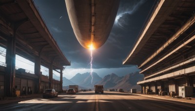 outdoors,sky,cloud,no humans,window,night,moon,sunlight,cloudy sky,ground vehicle,building,star (sky),night sky,scenery,starry sky,science fiction,mountain,city,electricity,light,road,bench,lightning,train station,motor vehicle,car,truck