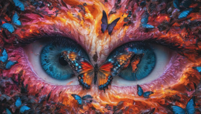 looking at viewer, blue eyes, eyelashes, no humans, bug, fire, butterfly, one-eyed, extra eyes, blue butterfly, too many, eye focus