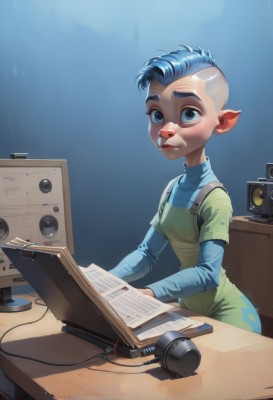 1girl,solo,breasts,looking at viewer,short hair,blue eyes,shirt,long sleeves,dress,sitting,blue hair,small breasts,pointy ears,lips,microphone,desk,freckles,nose,overalls,computer,layered sleeves,short over long sleeves,buck teeth,blush,1boy,male focus,male child,mohawk