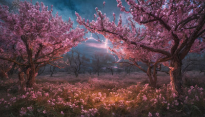 flower, outdoors, sky, cloud, tree, no humans, night, cloudy sky, grass, cherry blossoms, nature, scenery, pink flower, field, landscape