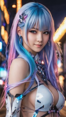 1girl,solo,long hair,breasts,looking at viewer,smile,bangs,blue eyes,hair ornament,gloves,cleavage,bare shoulders,jewelry,medium breasts,closed mouth,blue hair,swimsuit,upper body,pink hair,bikini,multicolored hair,earrings,elbow gloves,blunt bangs,blurry,two-tone hair,lips,grey eyes,gradient hair,blurry background,realistic,nose,sideboob,revealing clothes,science fiction,cyberpunk