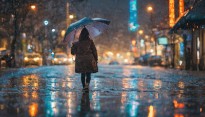 1girl, solo, black hair, holding, standing, pantyhose, outdoors, sky, shoes, water, from behind, blurry, coat, night, depth of field, blurry background, umbrella, ground vehicle, building, scenery, motor vehicle, reflection, walking, rain, water drop, holding umbrella, city, car, road, lamppost, street, city lights, blue umbrella