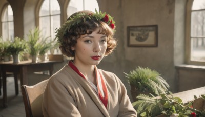 1girl,solo,looking at viewer,short hair,brown hair,hair ornament,brown eyes,sitting,closed mouth,upper body,flower,japanese clothes,day,indoors,kimono,mole,blurry,lips,mole under eye,window,depth of field,blurry background,chair,table,plant,lipstick,realistic,red lips,potted plant,parted lips,makeup,sunlight,freckles,robe,nose,head wreath,wreath