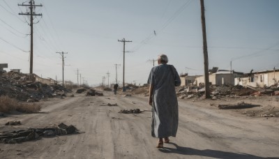 solo,short hair,black hair,1boy,standing,male focus,outdoors,sky,day,from behind,coat,shadow,building,scenery,rock,city,road,ruins,wide shot,old,power lines,utility pole,debris,rubble,bag,ground vehicle,motor vehicle,house,street,grey sky