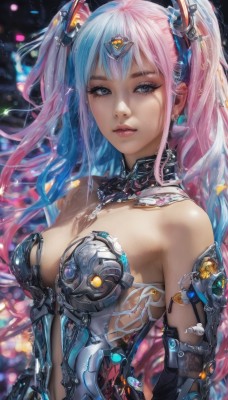 1girl,solo,long hair,breasts,looking at viewer,bangs,blue eyes,hair ornament,cleavage,bare shoulders,twintails,jewelry,medium breasts,blue hair,upper body,pink hair,multicolored hair,earrings,parted lips,blurry,two-tone hair,lips,grey eyes,eyelashes,gradient hair,makeup,detached collar,blurry background,headgear,watermark,science fiction,realistic,navel,armor,leotard,armlet,nose