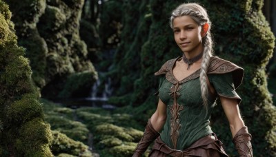 1girl,solo,long hair,breasts,looking at viewer,smile,brown eyes,medium breasts,upper body,braid,white hair,grey hair,outdoors,choker,pointy ears,belt,armor,blurry,tree,lips,single braid,blurry background,elf,shoulder armor,nature,hair over shoulder,forest,pauldrons,realistic,nose,brown belt,bracer,leather,shoulder pads,photo background,blue eyes,gloves,cleavage,scar,vambraces,waterfall