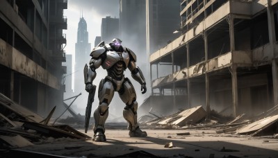 HQ,solo,holding,standing,weapon,outdoors,holding weapon,gun,no humans,glowing,robot,building,holding gun,mecha,science fiction,city,realistic,ruins,power armor,rubble,purple eyes,clenched hand,glowing eyes,glowing eye,dust