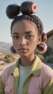 1girl,solo,looking at viewer,smile,short hair,brown hair,shirt,black hair,brown eyes,jewelry,closed mouth,jacket,upper body,pink hair,braid,multicolored hair,outdoors,open clothes,sky,day,tongue,dark skin,tongue out,hair bun,blurry,two-tone hair,open jacket,dark-skinned female,lips,double bun,blurry background,blue shirt,pocket,realistic,nose,green shirt,licking lips,female child,pink jacket,vest,blue sky,thick eyebrows,portrait,forehead,green vest,braided bun,very dark skin,dreadlocks