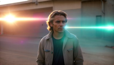 HQ,solo,blue eyes,brown hair,shirt,1boy,closed mouth,jacket,upper body,male focus,open clothes,indoors,facial hair,lens flare,science fiction,pocket,realistic,stubble,looking at viewer,outdoors,parted lips,blurry,lips,scar,parody,retro artstyle,light