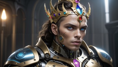 HQ,1girl,solo,long hair,looking at viewer,blue eyes,brown hair,black hair,1boy,closed mouth,upper body,male focus,indoors,dark skin,armor,blurry,lips,blurry background,scar,crown,shoulder armor,gem,portrait,science fiction,pauldrons,realistic,nose,forehead jewel,cyborg,power armor,jewelry,earrings,scar on face,serious