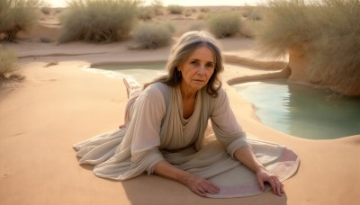 HQ,1girl,solo,long hair,looking at viewer,blue eyes,brown hair,closed mouth,outdoors,lying,barefoot,day,water,grass,on stomach,robe,realistic,sand,old,on ground,dirty,old woman,wrinkled skin,dirty feet,brown eyes,jewelry,earrings,tree,lips,ring,river